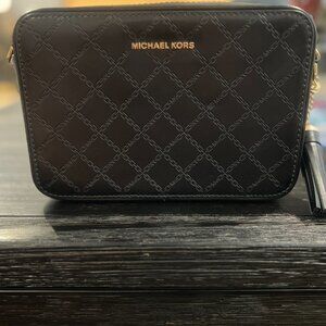 Michael Kors MD Camera Bag Leather Crossbody Black Gold Trim